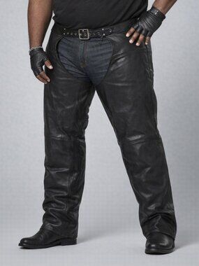 FMC Men's Black Leather Motorcycle Chaps 4XL Big & Tall Biker Riding Pants